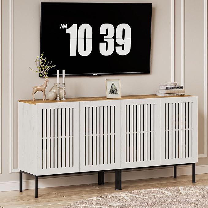 Farmhouse TV Stand for 70 Inch TVs, 2-in-1 Entertainment Center with Storage Cabinets & Metal Base, Antique White Media Console for Living Room