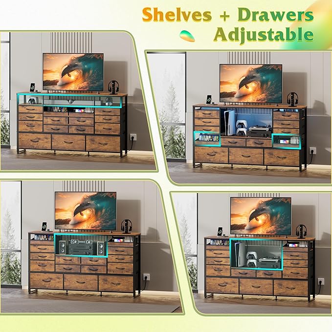 WLIVE TV Stand for 55, 60, 65 inch TV, Entertainment Center with LED Lights & Charging Station, TV Media Console Table with 15 Fabric Drawers and Open Shelves for Living Room, Hallway, Rustic Brown