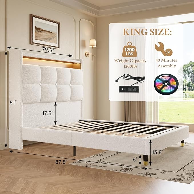 King Size Bed Frame, 51" Tall Wingback Tufted Headboard, Teddy Fleece Upholstered Bed Frame, LED Lights & USB/Type-C Port and Double Storage Shelf, No Box Spring Needed, Easy Assembly, White
