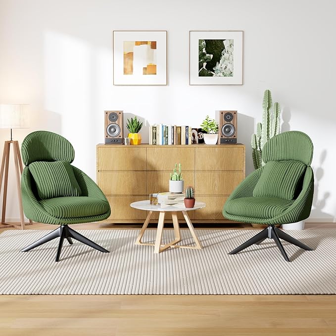Furniliving Upholstered Swivel Accent Chair for Living Room, Modern Armchair Side Chair with Headrest Bedroom Chair with Metal Legs Comfy Sofa Chairs with Pillow, Large, Corduroy, Green