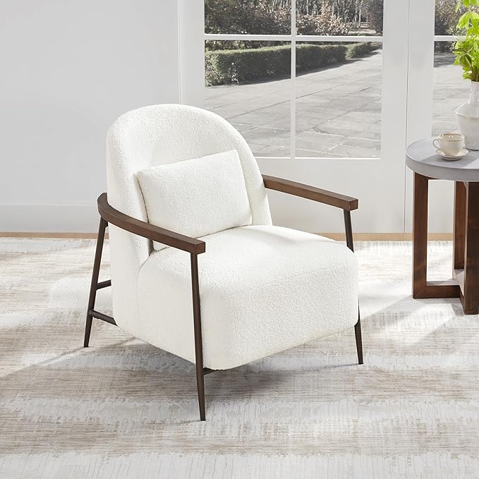 CHITA Accent Chair for Living Room, FSC Certified Modern Upholstered Faux Sherpa Fabric Armchair with Metal Frame and Wooden Armrests, White