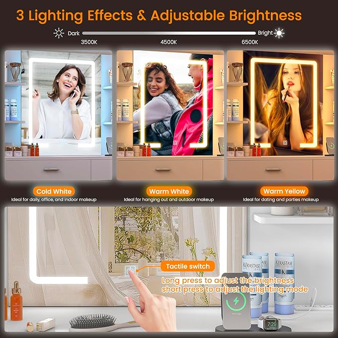 Vanity Makeup Desk with LED Light Mirror & Power Outlet, 8 Drawers, 6 Storage Shelves, 3 Color Modes & Adjustable Brightness Dressing Table, Corner Vanity, L Shape Change, 39.4”Desk, White