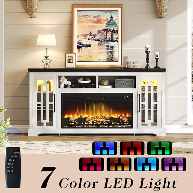 70" Farmhouse Large Fireplace TV Stand for 80 Inch TV, LED Media Entertainment Center with 37" Fireplace, Rustic TV Console Storage Cabinet with Adjustable Shelf for Living Room, Antique White