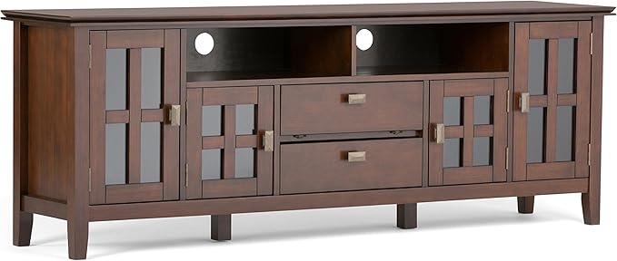 SIMPLIHOME Artisan SOLID WOOD 72 inch Wide Transitional TV Media Stand in Russet Brown For TVs up to 80 inches for the Living Room and Entertainment Center