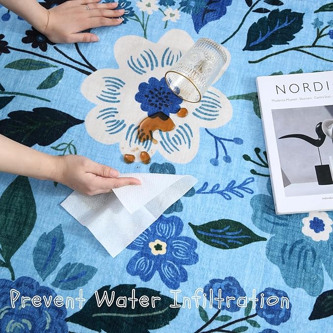 Living Room Rug 6x9 Rug Machine Washable Boho Area Rug Non Slip Floral Vintage Low Pile Large Rug for Living Room, Bedroom, Farmhouse, Dining Room, Kids Playroom(Blue)