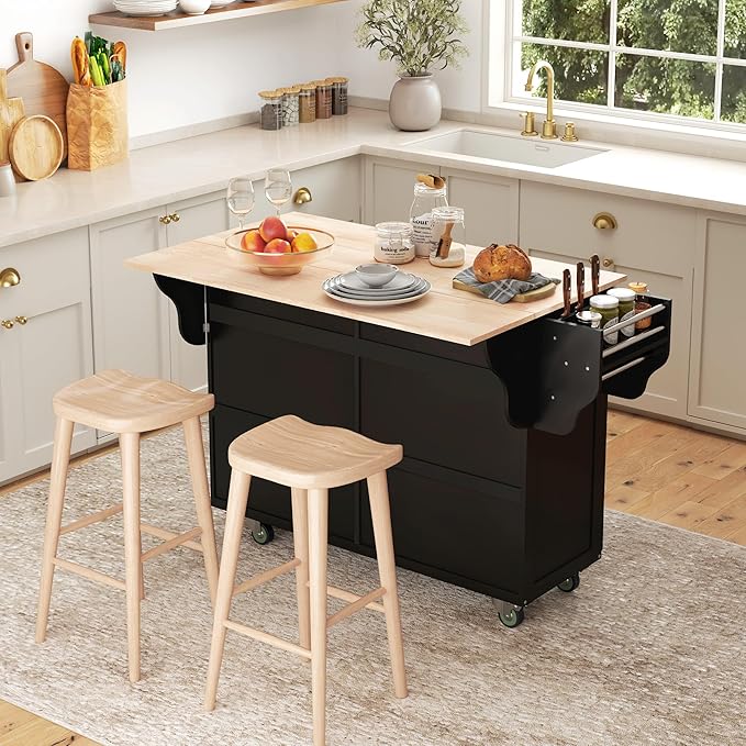 HOMCOM Rolling Kitchen Island Cart with Drop Leaf, Kitchen Cart on Wheels with Rubber Wood Top, 2 Drawers and 2 Storage Cabinets, Island Table for Kitchen, Dining Room, Black