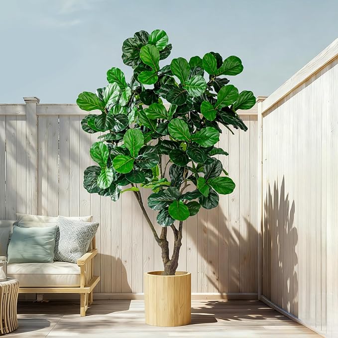 Artificial Fiddle Leaf Fig Tree 8ft with White Planter Realistic Fiddle Leaf Lyrata Plant Tall Fake Tree with Natural-Looking Leaves Fake Tree for Indoor Outdoor Home Office Decor