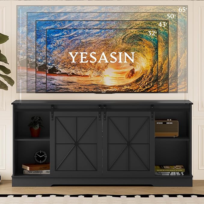 Farmhouse TV Stand for 55 60 65 Inch TV, Mid Century Modern TV Cabinet with Storage and Sliding Barn Doors, Easy Assembly, Entertainment Center Console Table for Bedroom Living Room-Black