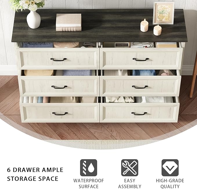Farmhouse 6 Drawer Dresser for Bedroom, 55 Inch Wide Modern White Dresser TV Stand with Large Drawers & Bar Handles, Rustic Wood Chest of Drawers for Bedroom, Living Room, Hallway, Entryway.