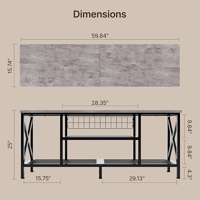 Gizoon TV Stand for 55-65 Inch TVs, 3-Tier Industrial Media Entertainment Center with Open Shelves, Metal Frame, 59.8'' Solid Wood Table top for Living Room, Bedroom, Office, Grey
