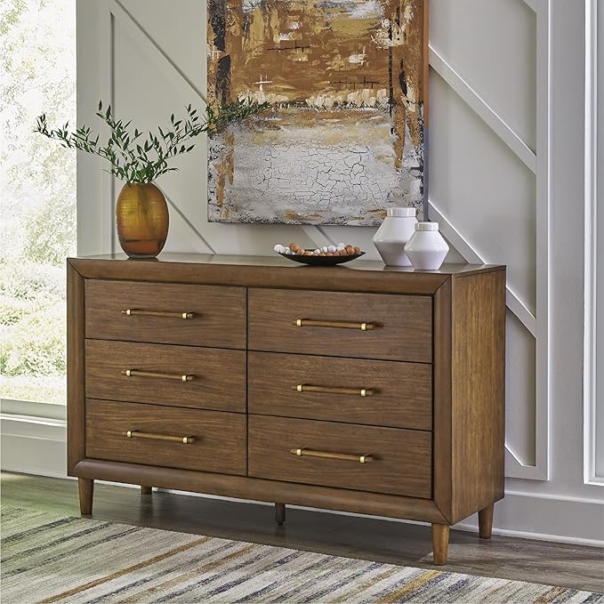 Signature Design by Ashley Lyncott Mid-Century Modern 6-Drawer Dresser with Safety Stop and Felt Lined Top Drawers, Dark Brown