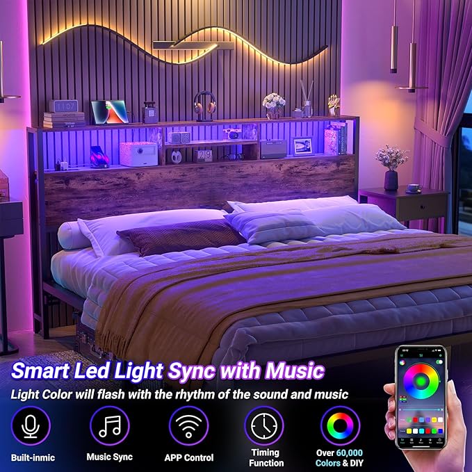 Aheaplus Headboard for King Size Bed with Storage, Headboards with Outlets, USB Ports and LED Light, King Size Head Board, Height Adjustable, Reversible, Sturdy and Stable Headboard, Rustic Brown