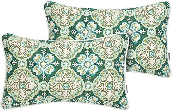 FUNHOME Set of 2 Patio Lumbar Pillows with Insert, 12”x20” Water-Repellent Fade Resistant Outdoor Lumbar Pillow, Decorative Garden All Weather Lumbar Cushions for Home Patio Coach Sofa Use-Green Medal