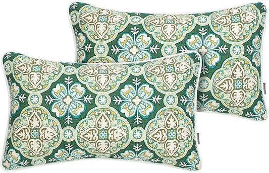 FUNHOME Set of 2 Patio Lumbar Pillows with Insert, 12”x20” Water-Repellent Fade Resistant Outdoor Lumbar Pillow, Decorative Garden All Weather Lumbar Cushions for Home Patio Coach Sofa Use-Green Medal