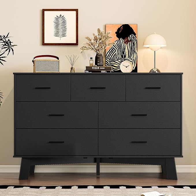 Dresser for Bedroom with 7-Drawer, 47.2" Wide Modern Chest of Drawers with Metal Handles, X-Shape Base & Adjustable Center Leg, Anti-Tip Closet Organizers and Storage
