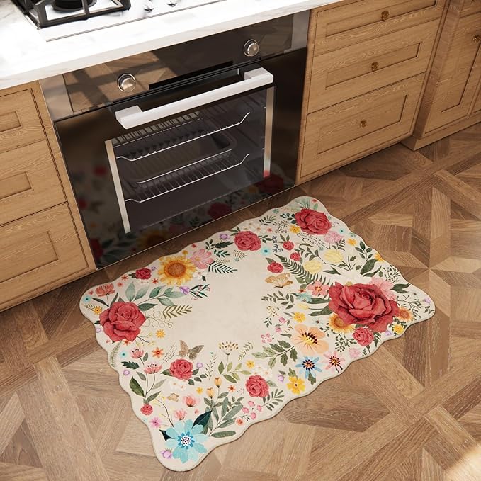Floral Washable Rugs for Entryway 2'x3' Non Slip Boho Vintage Indoor Door Mat Low Pile Soft Carpet for Bathroom, Front Door, Kitchen, Laundry Small Spaces Decor (Beige