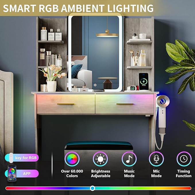 Vanity Desk with LED Lights Mirror & Power Outlet, Small Makeup Vanity Table Set with Storage Drawers & Chair, 3 Lighting Modes & Adjustable Brightness, Dressing Table for Women Girls Bedroom, Grey