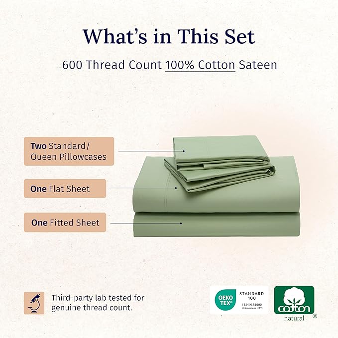 California Design Den Hotel Quality Full Size Sheets Set - Luxury 600 Thread Count Sateen, Natural 100% Cotton Bed Sheets, Fully Elasticized Deep Pockets, Crisp, Cool and Durable - Laurel Green