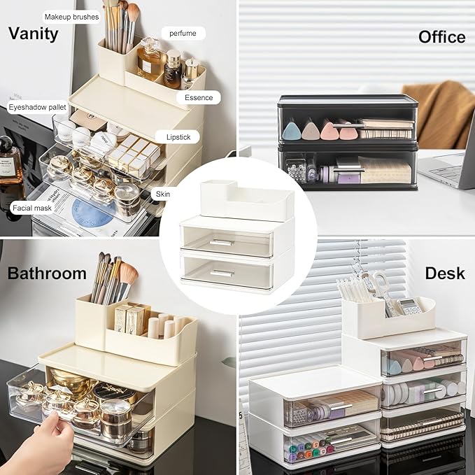 DASITON Makeup Organizer for Vanity with 2 Drawers, Stackable Cosmetic Organizer with Makeup Brush Holder, Plastic Bathroom Organizer Skincare Storage for Brushes, Eyeshadow, Lotions, Lipstick (White)