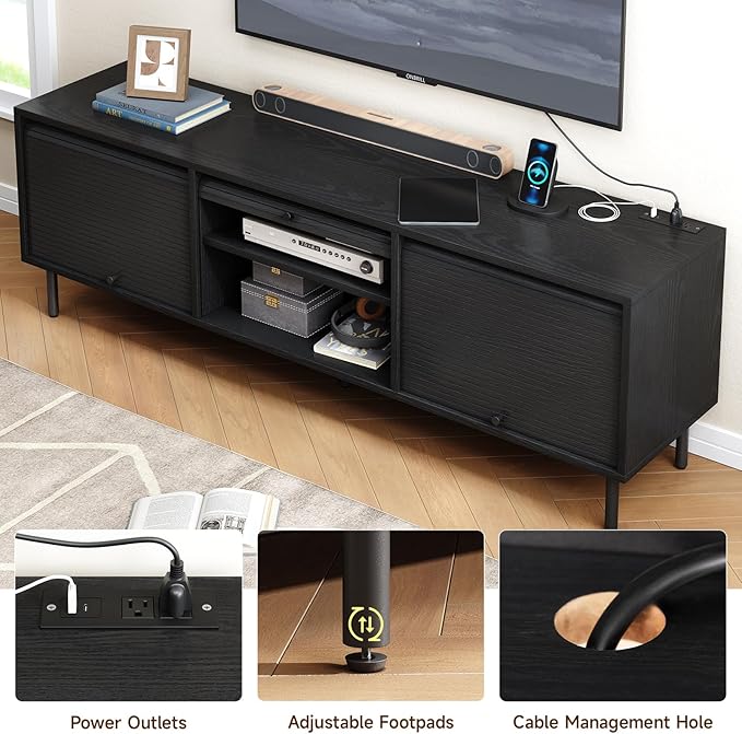 68 Inch TV Stand for TVs up to 75 Inch, Entertainment Center with Power Outlet, Mid-Century Modern TV Console with Storage, Adjustable Shelf & Sliding Doors, TV Stand for Living Room, Black