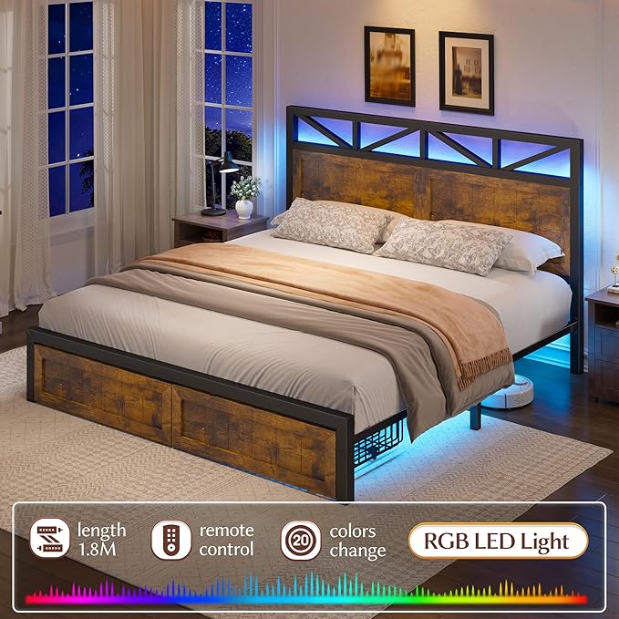 EnHomee Full Size Bed Frame with Headboard and Storage, 2 Drawers & LED Light Built in Charging Station,NO Noise,No Box Spring Needed,Brown