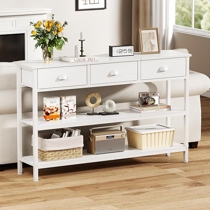 Furologee White Long 47" Console Sofa Table with 3 Drawers, Entryway Table with 3-Tier Storage Shelves, Display Shelf for Entry Way, Hallway, Couch, Living Room, Kitchen, Foyer