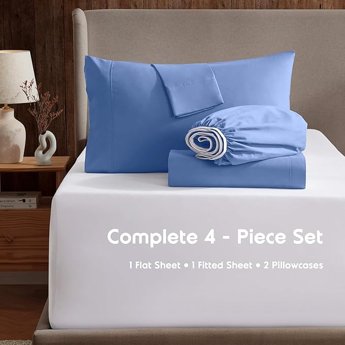 Nestl Short Queen Sheet Set - 1800 Ultra-Soft Microfiber - Double Brushed - Deep Pockets - Easy Fit - 4 Piece Set - Bed Sheets (Short Queen, Calm Blue)