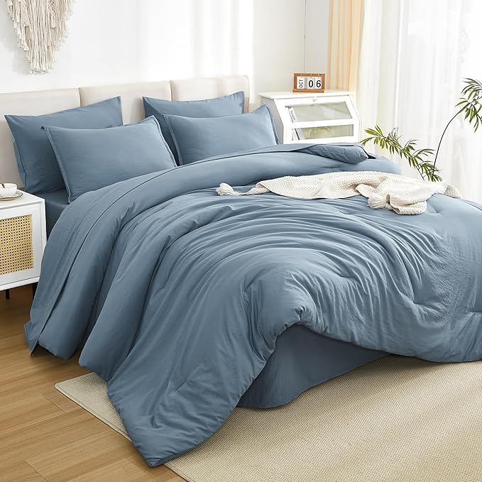 Litanika Oversized King Comforter Sets Grayish Blue - 7 Pieces Bed in a Bag Oversized King Bedding Comforter Sets, Solid Lightweight Bed Set with Comforter, Sheets, Pillowcases & Shams