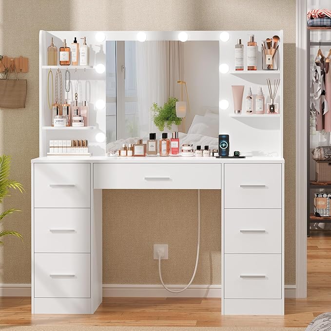 Quimoo Large Vanity Desk with LED Lighted Mirror & Power Outlet,Makeup Vanity Table with 7 Drawers,4 Shelves and 5 Hooks,Vanity Table, Vanity Desk Set for Bedroom,Bathroom,White