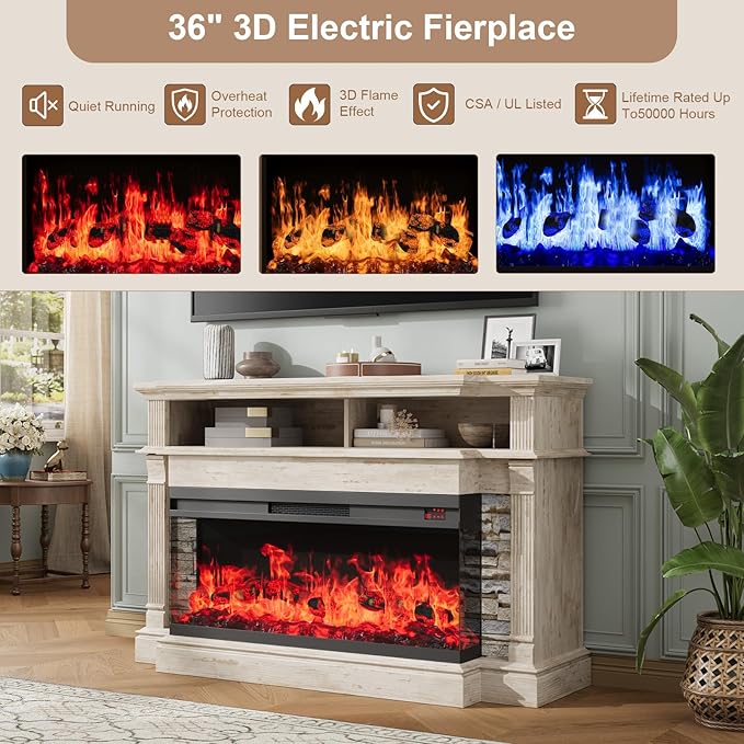 QUW Fireplace TV Stand for TVs up to 65", Farmhouse 52"Fireplace Entertainment Center with 36" 3-Side Glass Electric Fireplace, TV Console with Open Storage Shelves for Living Room, Antique Brush Grey