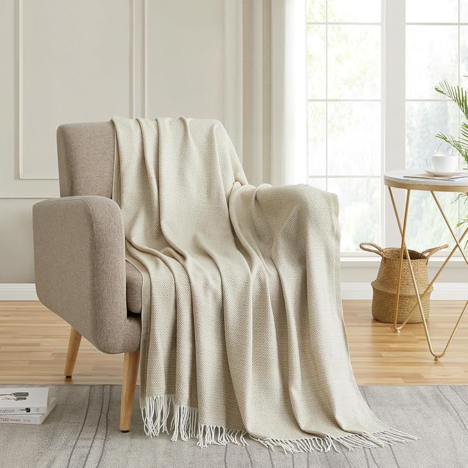 BOURINA Throw Blanket Decorative Faux Cashmere Fringe Lightweight Throw Soft Cozy for Bed or Sofa Outdoor Blanket, 50" x 60" Light Beige