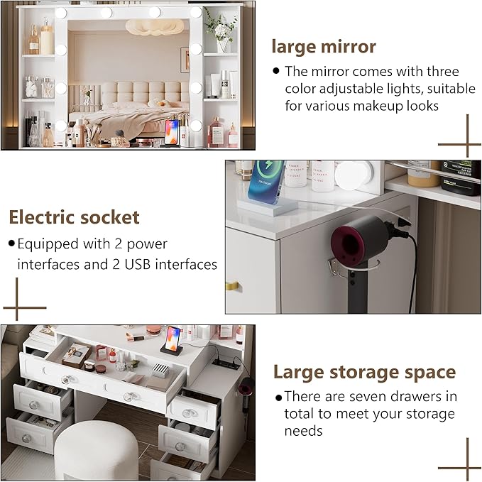 Farmhouse Makeup Vanity with Lighted Mirror & Charging Station, Vanity Desk Dresser Table with 3 Lighting Modes Brightness Adjustable,Drawers,Hair Dryer Stand for Bedroom,White(No Stool)
