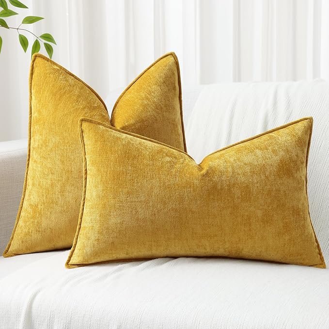 decorUhome Fall Couch Throw Pillow Covers 24x24 Set of 2, Decorative Soft Euro Neutral Chenille Pillow Covers with Elegant Design for Sofa Bed Living Room Home Decor, Mineral Yellow