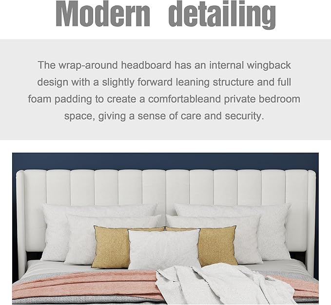 Upholstered Platform Full Size Bed Frame with Headboard Wooden Slats Support No Noise Easy Assembly White Linen