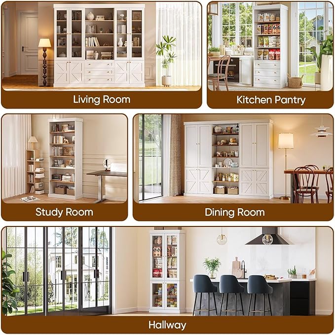 Vyre 70.8" Tall Farmhouse Bookshelf, Modular Bookcase with Glass Doors, 6-Tier Adjustable Shelves, Large Storage Cabinet for Kitchen, Living Room, White, Set of 2