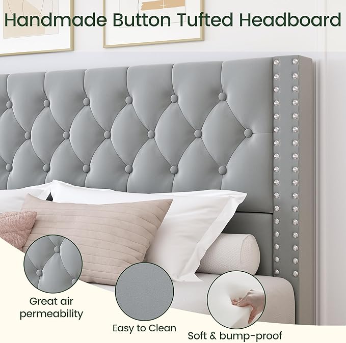 King Size Bed Frame with 4 Storage Drawers and Tufted Headboard Velvet Upholstered Platform Bed Frame with Heavy Duty Wood Slats, No Box Spring Needed, Easy Assembly, Bluish Grey