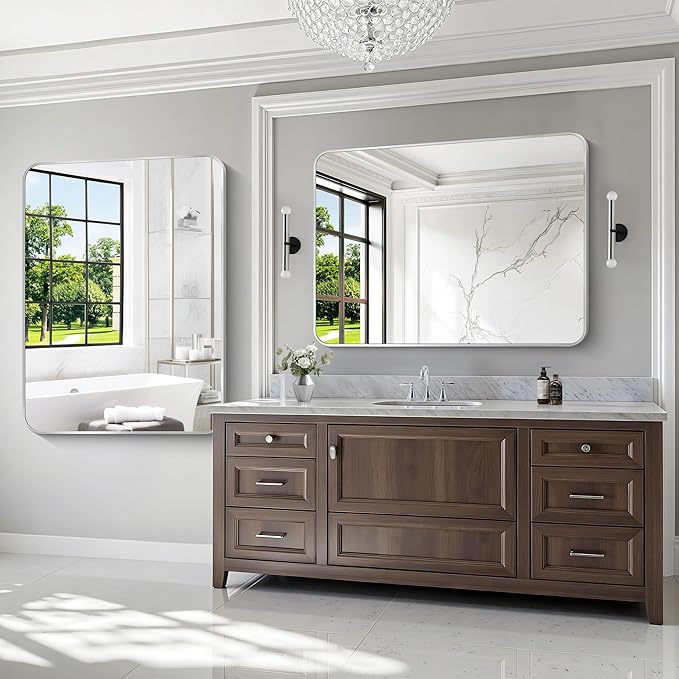 Silver Bathroom Mirror,36x48 inch Wall Mirror for Bathroom Wall Mounted,Rectangle Mirror for Bathroom Over Sink,Modern Frame Round Corner for Living Room,Bedroom Entryway,Horizontal/Vertical