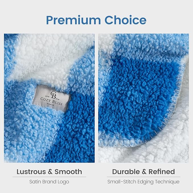 Cozy Bliss Ultra Soft Reversible Double Sherpa Sided Blanket, Buffalo Plaid Throw Blanket Fluffy Thick Warm Plush Fuzzy Blanket for Couch, Bed and Gifts (Light Blue, 50" x 60")