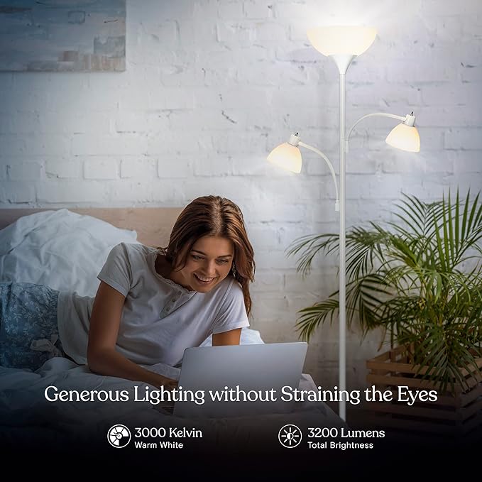 Brightech Sky Dome Double – High Brightness Torchiere Floor Lamp with 2 Reading Lights for Living Rooms, Bedrooms – Replace Halogen Standing Lamps with Efficient LED Office Lighting - Tall White Pole