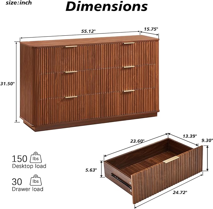 VMU Fluted Dresser with 6 Deep Drawers，55" Modern Wooden Chest of Drawers with Metal Handles, TV Stand with Curved Profile, Closet Clothes Storage Organizer for Bedroom, Living Room, Hallway (Walnut)