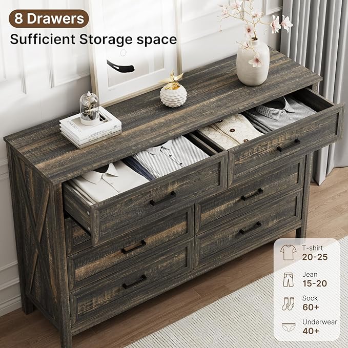 LYNSOM Farmhouse 8 Drawer Dresser for Bedroom, 55 Inch Wide Wood Rustic Chest of Drawers with X-Marking & Bar Handle, Large Storage Dressers Organizer for Bedroom, Living Room, Dark Rustic Oak