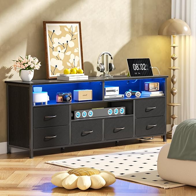 Furologee 55" LED TV Stand for Bedroom with Power Outlets, Entertainment Center with 6 Fabric Drawers for 50/55/60 inch TVs, Dresser TV Stand Long Console Media Table for Living Room, PU Black