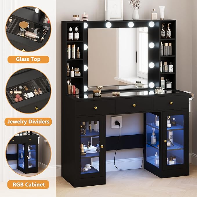 Black Vanity Desk with Mirror and Lights, Glass Top Vanity with Lighted Mirror & RGB Glass Cabinet and 3 Drawers, Makeup Vanity Desk with Lights Dressing Table for Bedroom, 3 Color Modes