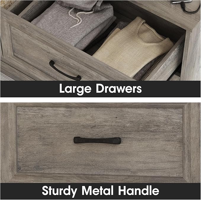 Fameill Dresser for Bedroom, 6 Drawer Wide Dresser Organizer with Charging Station, Tall Dresser for Hallway, Wood Dresser with Metal Handles, Ash Grey