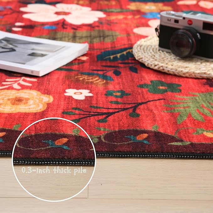 Area Rug 4x6 Rug Washable Boho Rugs Non Slip Low Pile Floral Small Carpet for Bedroom, Bedside, Kids Room, Office, Dining Room(Red)