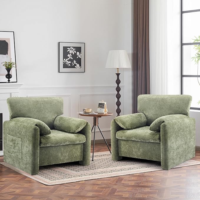 39" Modern Chenille Oversized Armchair,Wide Accent Chair, Mid Century Single Sofa Chairs, Comfy Upholstered Reading Chair for Living Room, Bedroom, and Apartment (Green)