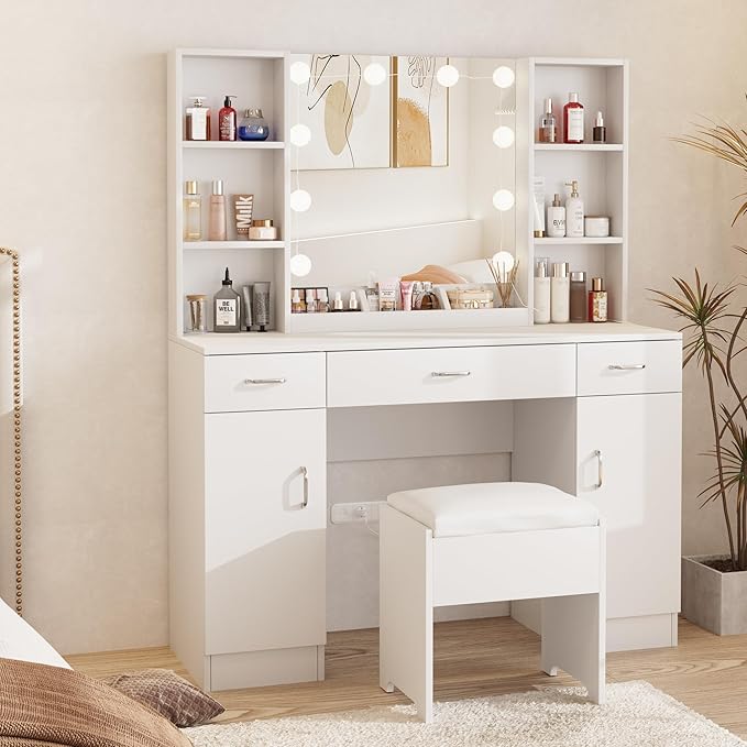 Makeup Vanity Desk with Lights, White Vanity Set Makeup Table with 3 Drawers, 2 Cabinets and Multiple Shelves, Large Vanity 45inch