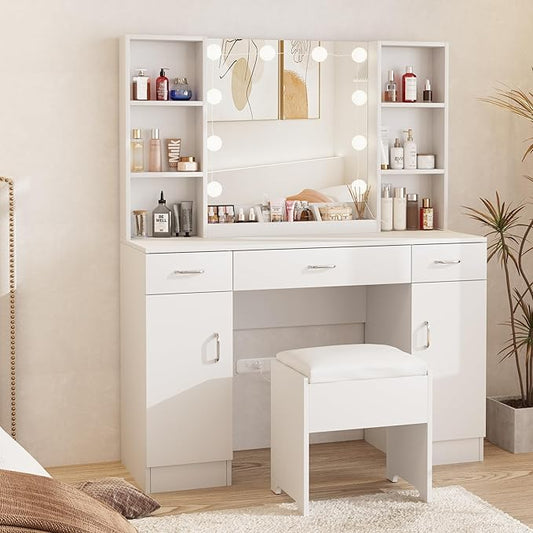 Makeup Vanity Desk with Lights, White Vanity Set Makeup Table with 3 Drawers, 2 Cabinets and Multiple Shelves, Large Vanity 45inch