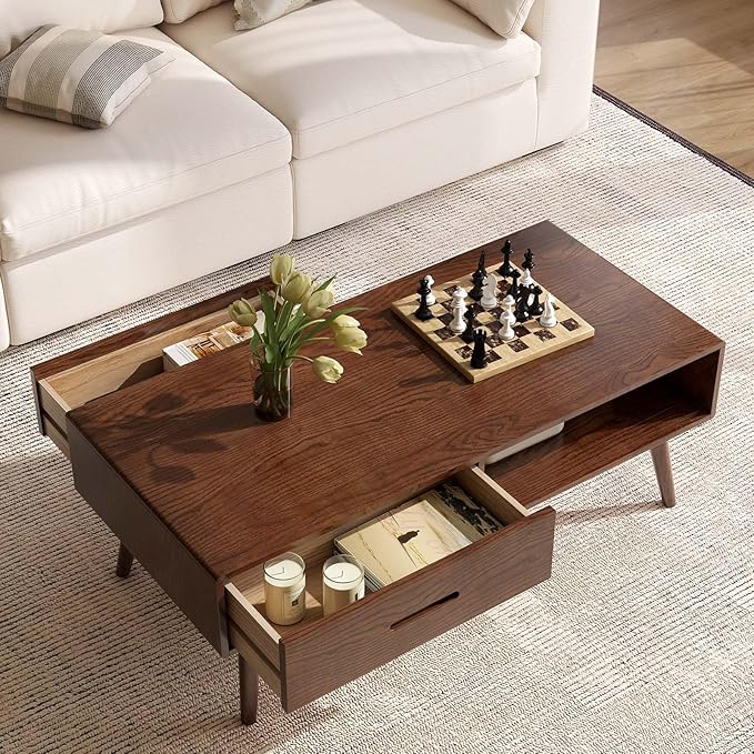 100% Solid Oak Wood Coffee Table for Living Room, Coffee Table with Storage Shelf and 2 Drawers, Mid-Century Modern Coffee Tables for Home (Oak Walnut Colour, 39.37'' W)