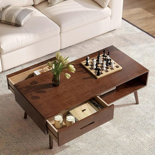 100% Solid Oak Wood Coffee Table for Living Room, Coffee Table with Storage Shelf and 2 Drawers, Mid-Century Modern Coffee Tables for Home (Oak Walnut Colour, 39.37'' W)
